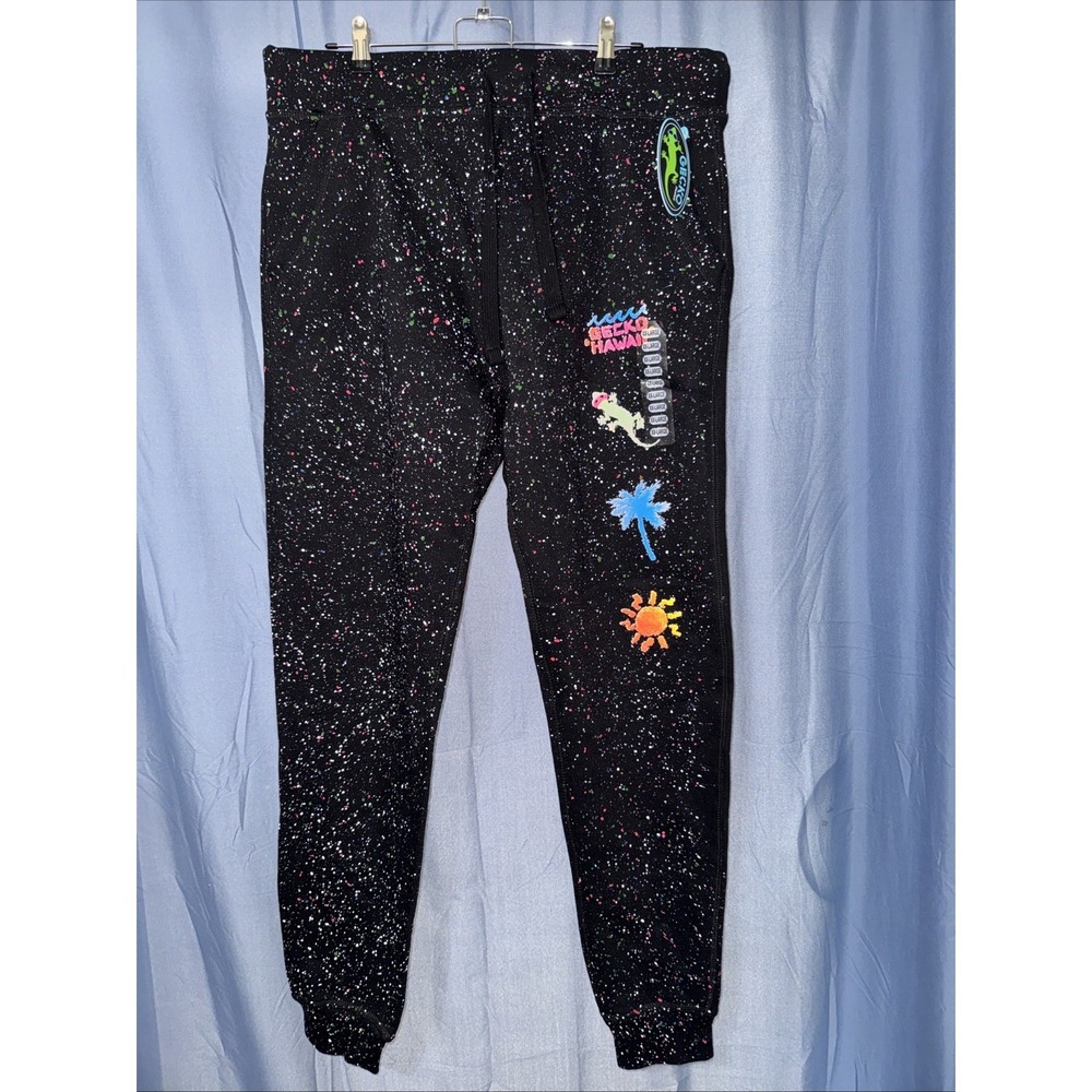 NWT Gecko Hawaii Mens XXL Black Neon Paint Splatter Logo Sweatpants Joggers